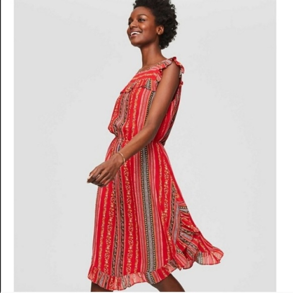 LOFT Sirena Vibrant Red Floral Ruffle Dress